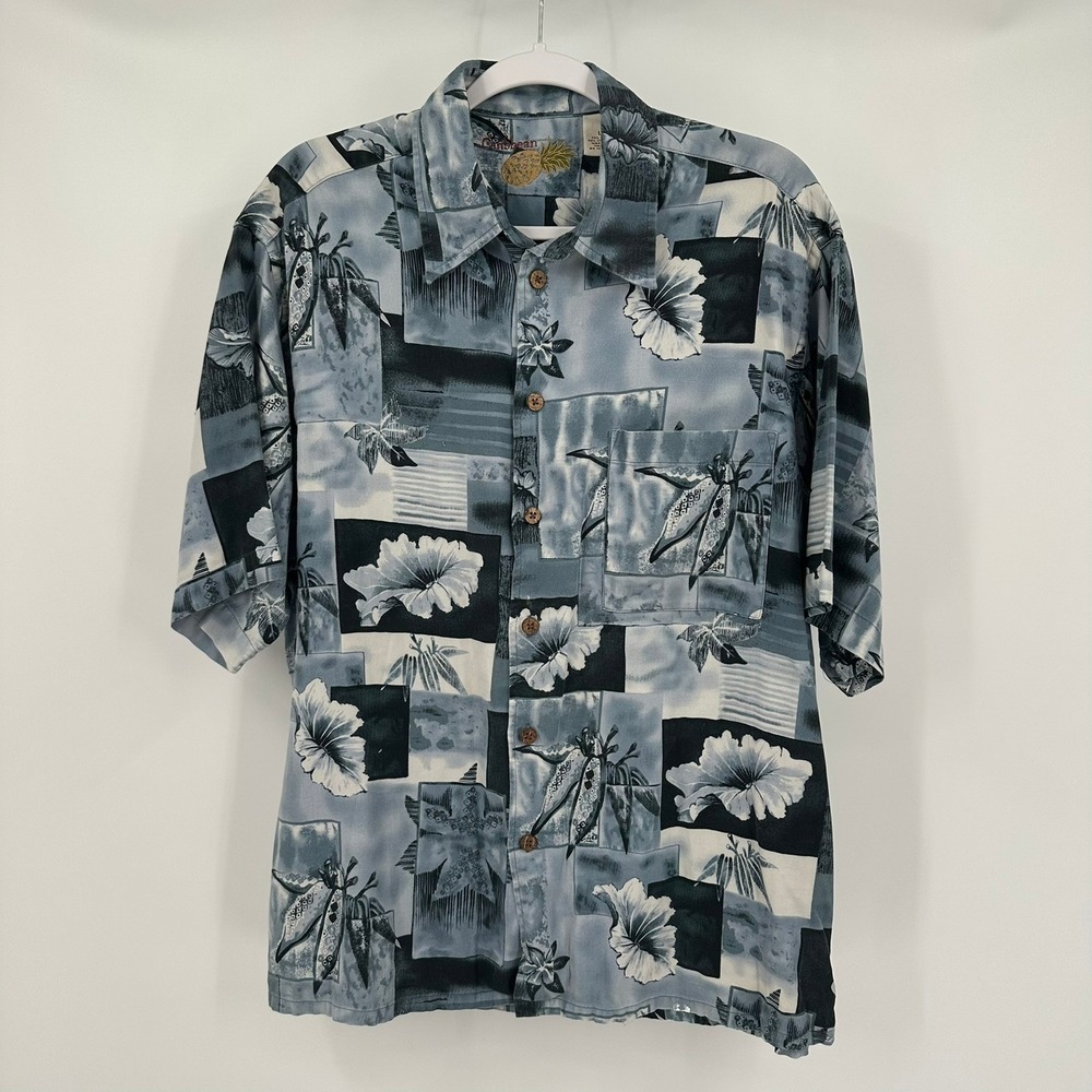 Caribbean Mens Silk Cotton Tropical Patchwork Hawaiian Shirt Size L Aloha Resort